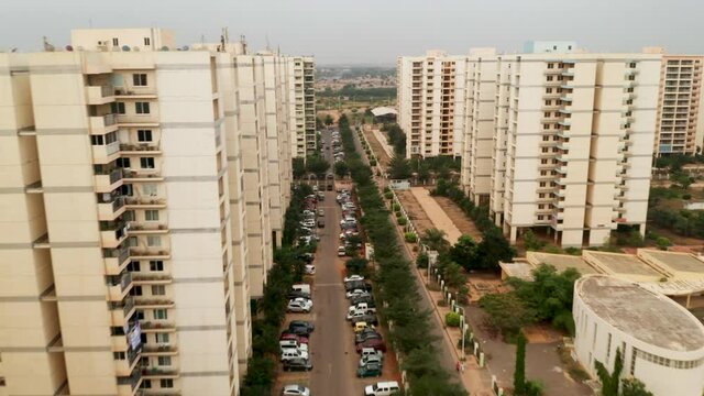 Travelling front, drone, Centrality of Zango, Luanda, Angola, Africa,  social contrasts, today