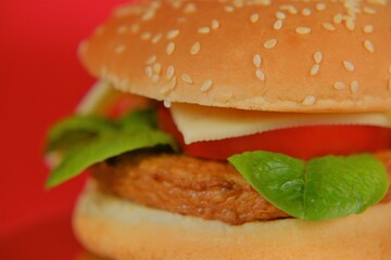 Hamburger.chicken burger close-up .Hamburger day holiday.Fast food. Delicious fresh burger with chicken cutlet and fresh vegetables.Fast food and snacks
