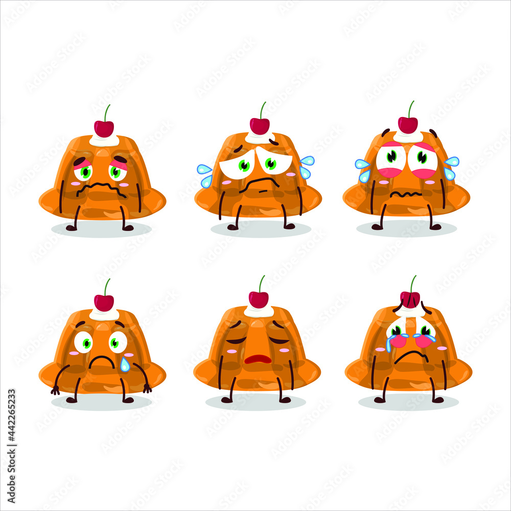 Sticker Orange pudding with cerry cartoon character with sad expression. Vector illustration