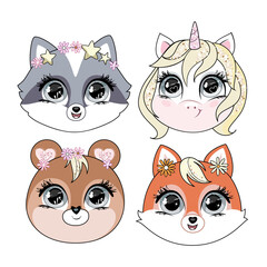 Cute little animals. Raccoon, bear, fox and unicorn heads over white background. Vector.