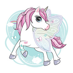 Cute little unicorn character with butterfly wings flying in the skies. Vector. © trikenirreligious
