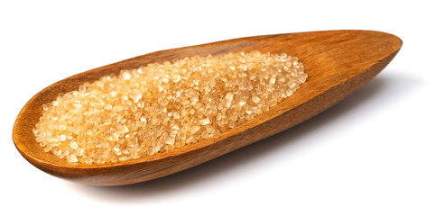 yellow sugar in the wooden plate, isolated on white background