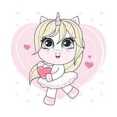 Cute little dancing unicorn with blonde hair holding red heart. Trendy style, modern pastel colors. Vector.