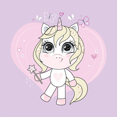 Cute little dancing unicorn with blonde hair. Trendy style, modern pastel colors. Vector.