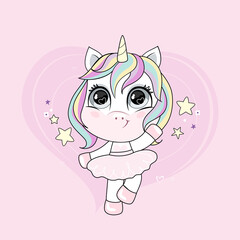 Cute little dancing unicorn with rainbow hair. Trendy style, modern pastel colors. Vector.