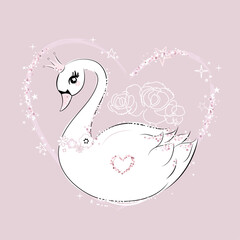 Cute little swan princess on pink background. Vector.