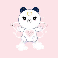 Cute panda sitting on the rainbow, hearts and flowers over pastel pink background. Trendy art. Vector.