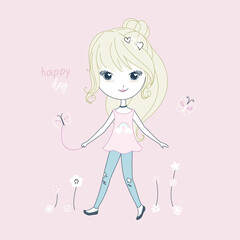 Hand drawn beautiful, cute curly hair girl playing outside. Happy sunny days. Vector.