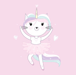 Cute little white cat unicorn or caticorn. Pastel soft colors. Vector.
