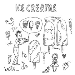 Ice cream, order online, girl eat a sugar tube, lettering. Vector illustration. Sketch.