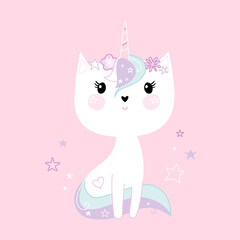 Cute little white cat unicorn or caticorn. Pastel soft colors. Vector.