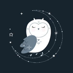 Cute fairy tale poster with space owl, stars and design elements. Vector.