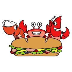 Cartoon Shrimp Crab Lobster and Submarine Sandwich Illustration