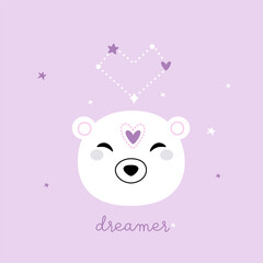 Dreamer beer with heart constellation over lavender galactic background. Trendy pastel soft colors. Vector.