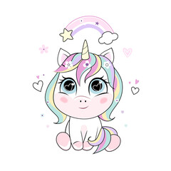 Vector cartoon unicorn with rainbow hair.