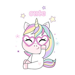 Vector cartoon unicorn with rainbow hair.
