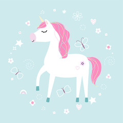 Cute little white unicorn. Pastel soft colors. Vector.
