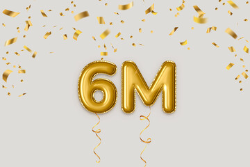 six million followers golden balloons 3d rendered lettering with gold confetti celebration concept background - obrazy, fototapety, plakaty