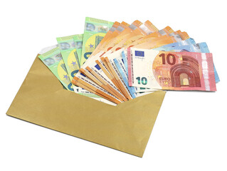 different euro banknotes come out of golden envelope isolated on white background