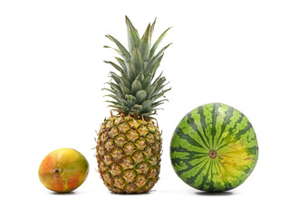 three whole tropical fruits, mango, pineapple and watermelon isolated on white background, front view of natural summer fruits