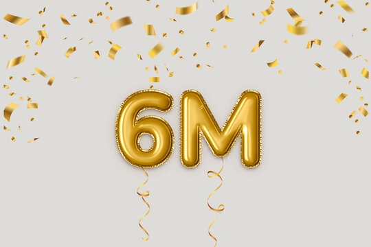 six million followers golden balloons 3d rendered lettering with gold confetti celebration concept background