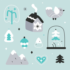 Naklejka premium Christmas illustrations, hand drawn elements in Scandinavian style. Vector.