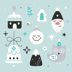 Christmas illustrations, hand drawn elements in Scandinavian style. Vector.
