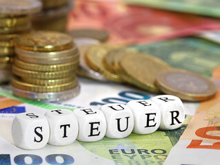 german word for Tax, STEUER, written with letter cubes on euro banknotes and coins background, concept image of increasing tax or paying taxes