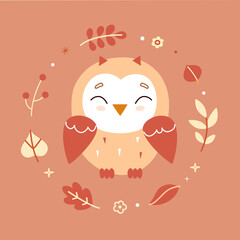 Cute baby owl in minimalistic flat style with wreath from autumn leaves. Vector.