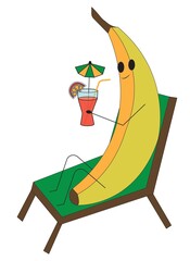 A funny character, a ripe banana, lies in a beach lounger and holds a glass with a cocktail in his hands. The cocktail contains a straw, an umbrella, an orange. Vector stock illustration