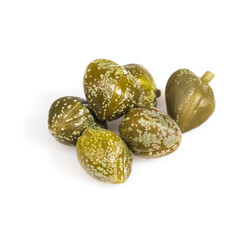 Pile of pickled capers isolated on white background with clipping path, macro