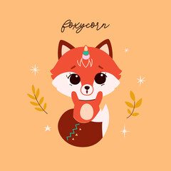 Cute baby fox in minimalistic flat style with wreath from autumn leaves. Vector.