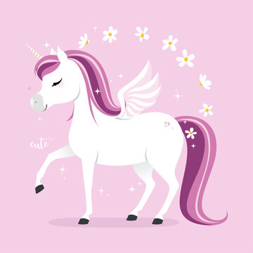 Cute little unicorn character on pink background. Vector.