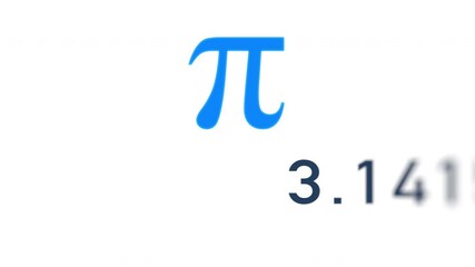 Digits of number Pi move through the frame next to Greek mathematical blue symbol Pi on white background.