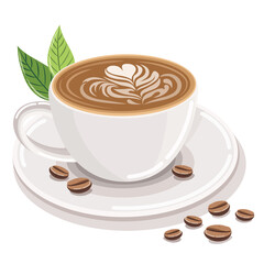 hot coffee menu in white cup front view Composition of coffee beans and coffee leaves on a white background.