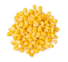 A heap of sweet corn seeds isolated on white background. Top view.
