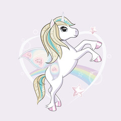 Cute little unicorn character with butterfly wings flying in the skies. Vector.