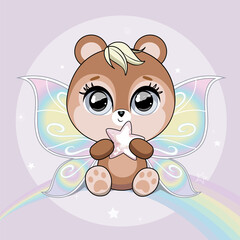 Cute little bear with butterfly wings over background with rainbow. Pastel soft colors. Vector.