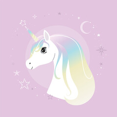 Cute little unicorn character with rainbow hair over pink background. Vector.