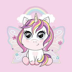 Cute little unicorn character with butterfly wings over pink background with rainbow. Vector. © trikenirreligious