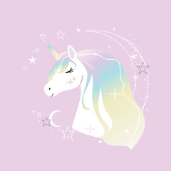 Obraz na płótnie Canvas Cute little unicorn character with rainbow hair over pink background. Vector.
