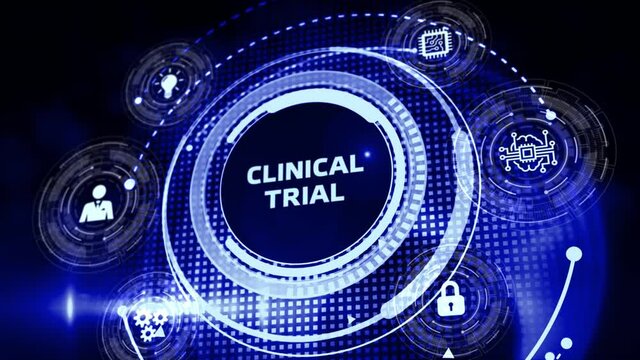 Business, Technology, Internet and network concept. Business man working on the tablet of the future, select on the virtual display: Clinical trial