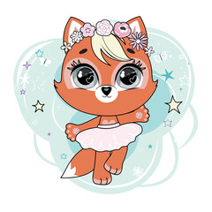 Cute little dancing fox. Trendy style, modern pastel colors. Vector.