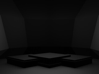 3D black geometric product podium. Dark background.