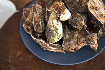 Fresh unshelled oysters on the plate