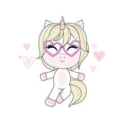 Little white unicorn in heart shaped sun glasses flying in the skies. Vector.