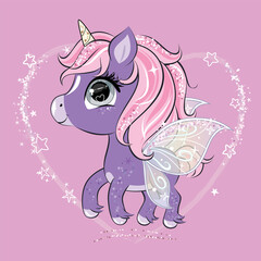 Cute little unicorn character with butterfly wings. Vector.