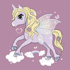 Cute little unicorn character with butterfly wings flying in the skies. Vector.
