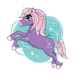 Cute little unicorn character flying in the skies. Vector.
