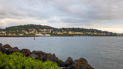 Fairhaven skyline at sunset. View from Fisherman`s memorial at Zuanich Point Park Bellingham Washington.